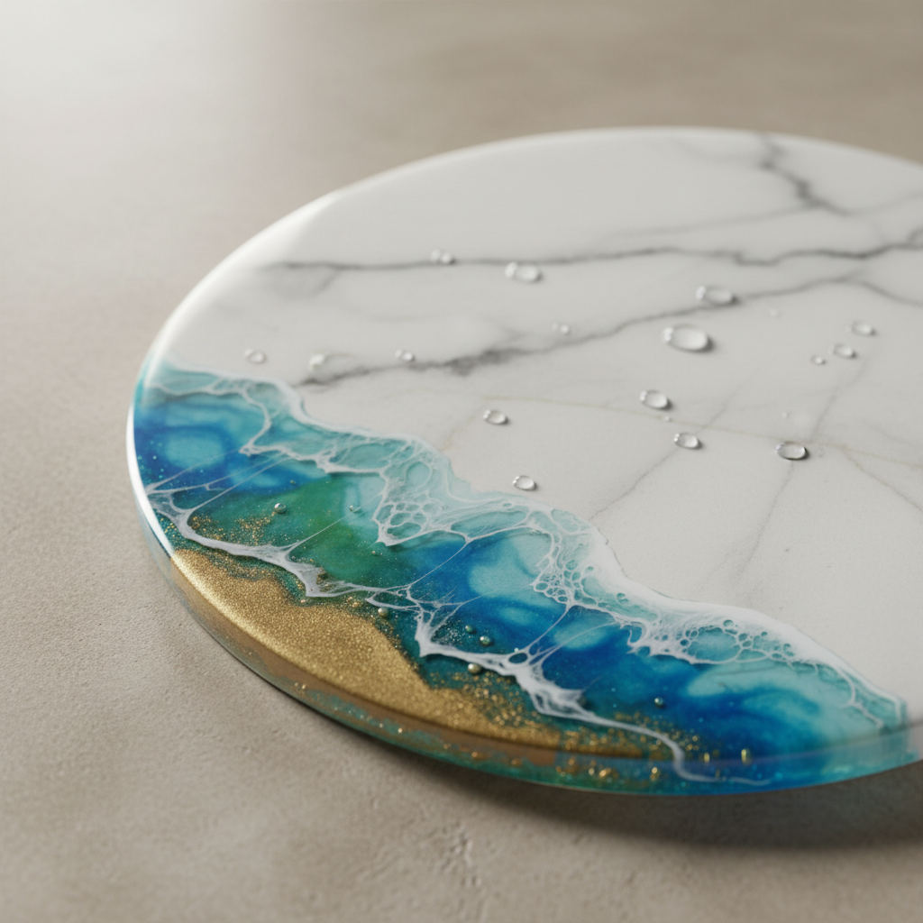 Marble coaster with resin border detail, close-up texture