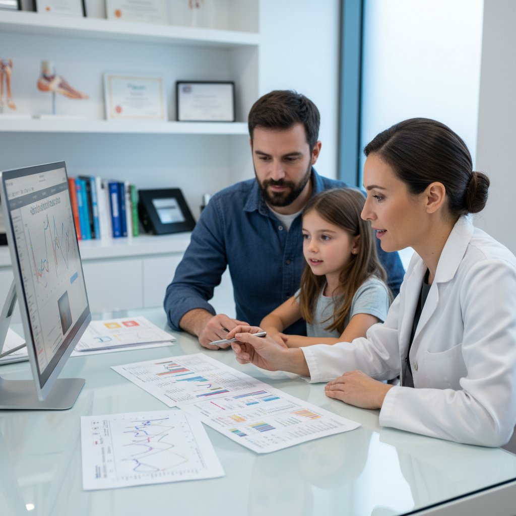 Parent and child reviewing gait analysis progress charts with pediatric podiatrist