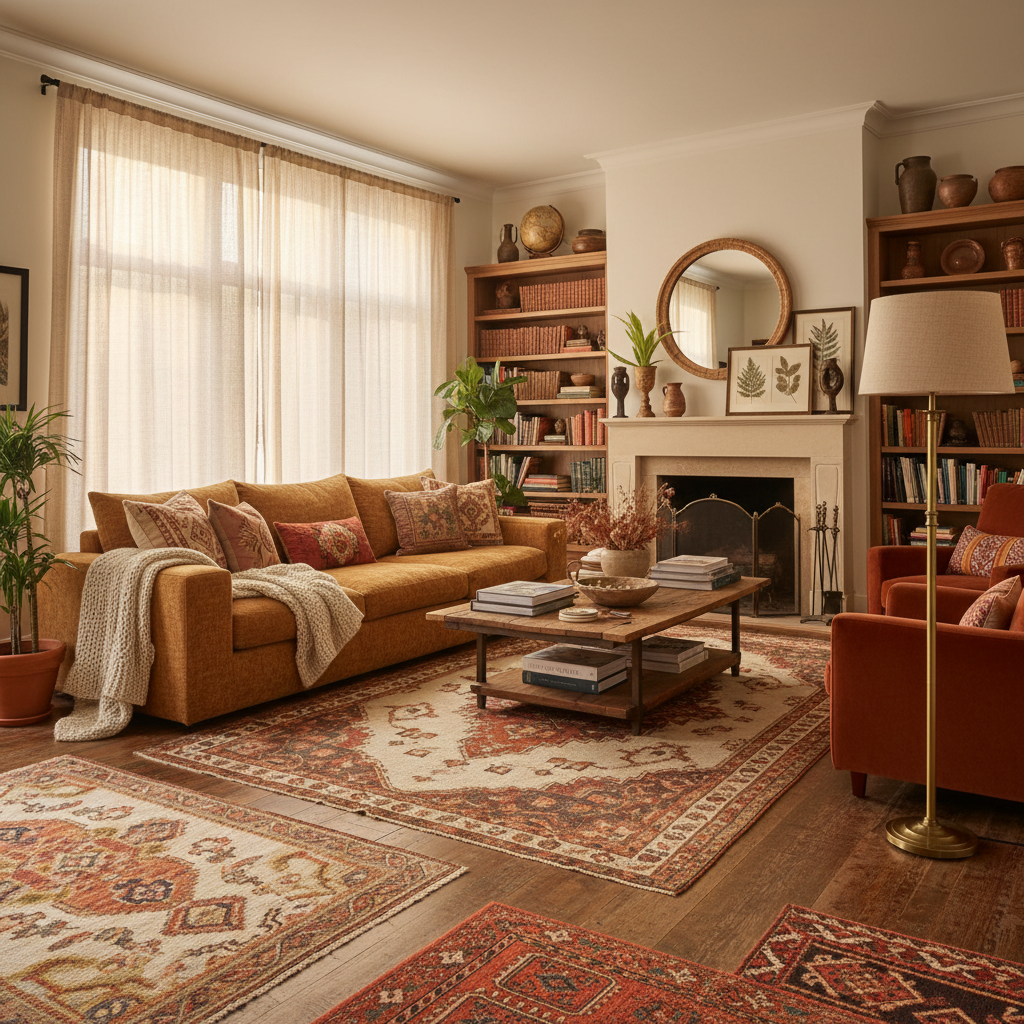 Collected comfortable living room with layered textiles and warm curated tones — dark atmospheric shadows
