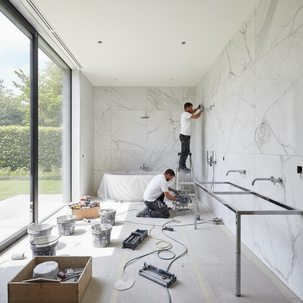 Luxury bathroom renovation with marble tiles, modern fixtures, and premium finishes, high-end residential remodel