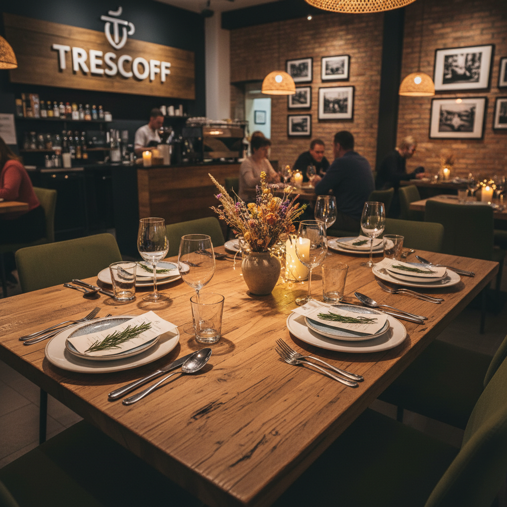 Cozy cafe tables with warm evening lighting, dark atmosphere, soft candle glow on wooden surfaces