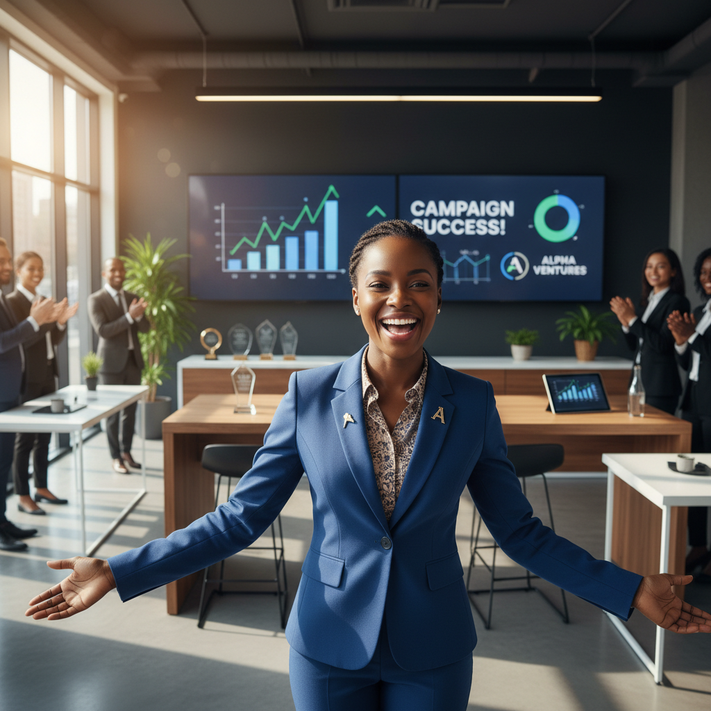 Excited African business owner celebrating increased sales and brand visibility from creator campaigns