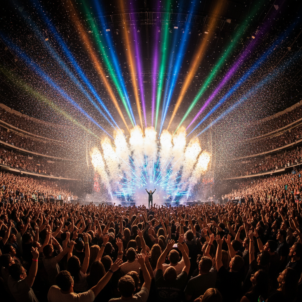 Stage explosion of light during encore performance, crowd in ecstasy