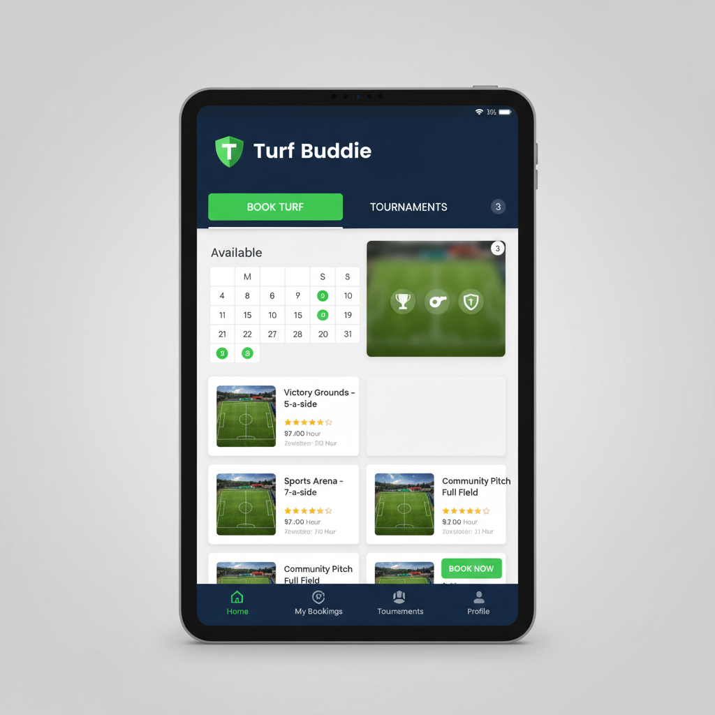 Turf Buddie app interface showing turf booking and tournament features