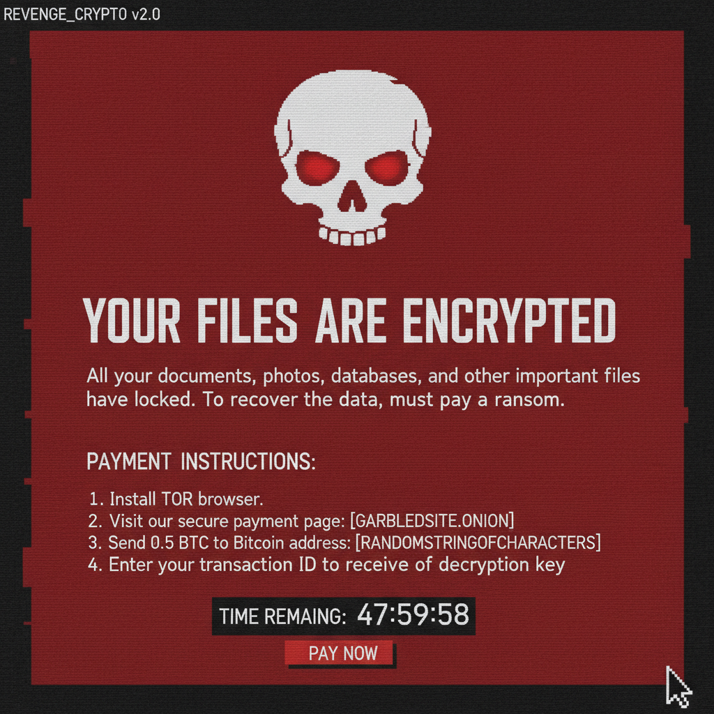 Computer screen showing ransomware warning message with countdown timer