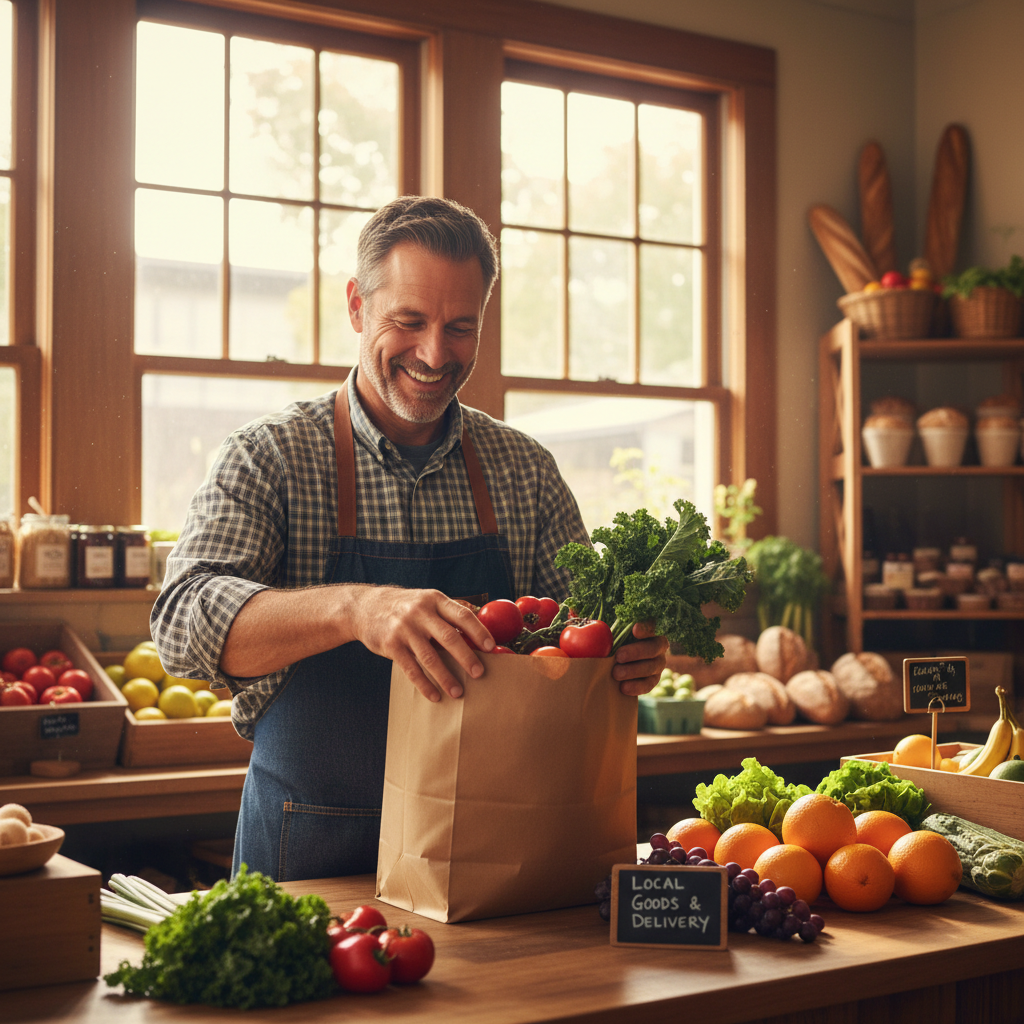Friendly grocery store owner smiling warmly inside well-stocked bright neighborhood store