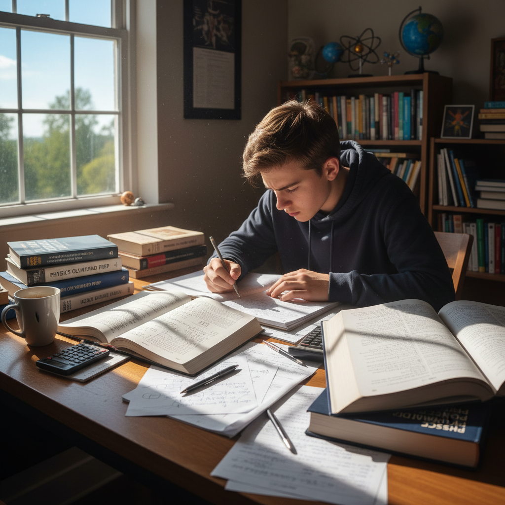 School student studying science and mathematics textbooks at desk