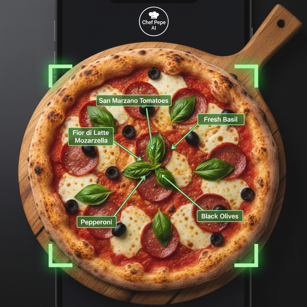Overhead view of a Neapolitan pizza being identified by Chef Pepe AI โ green corner brackets overlay, ingredient labels appearing around toppings, dark phone interface