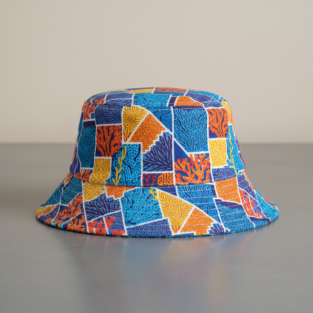 Close-up of screen-printed coral reef geometry on bucket hat brim