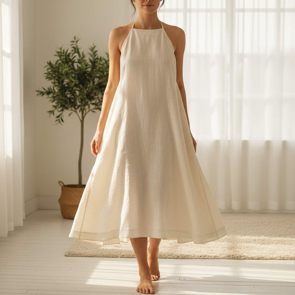 Woman wearing ivory linen midi dress in natural light, flowing fabric, minimal elegant style
