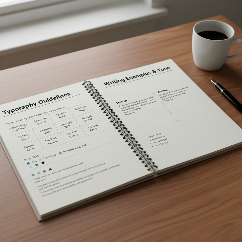 Style guide document showing typography rules and writing examples