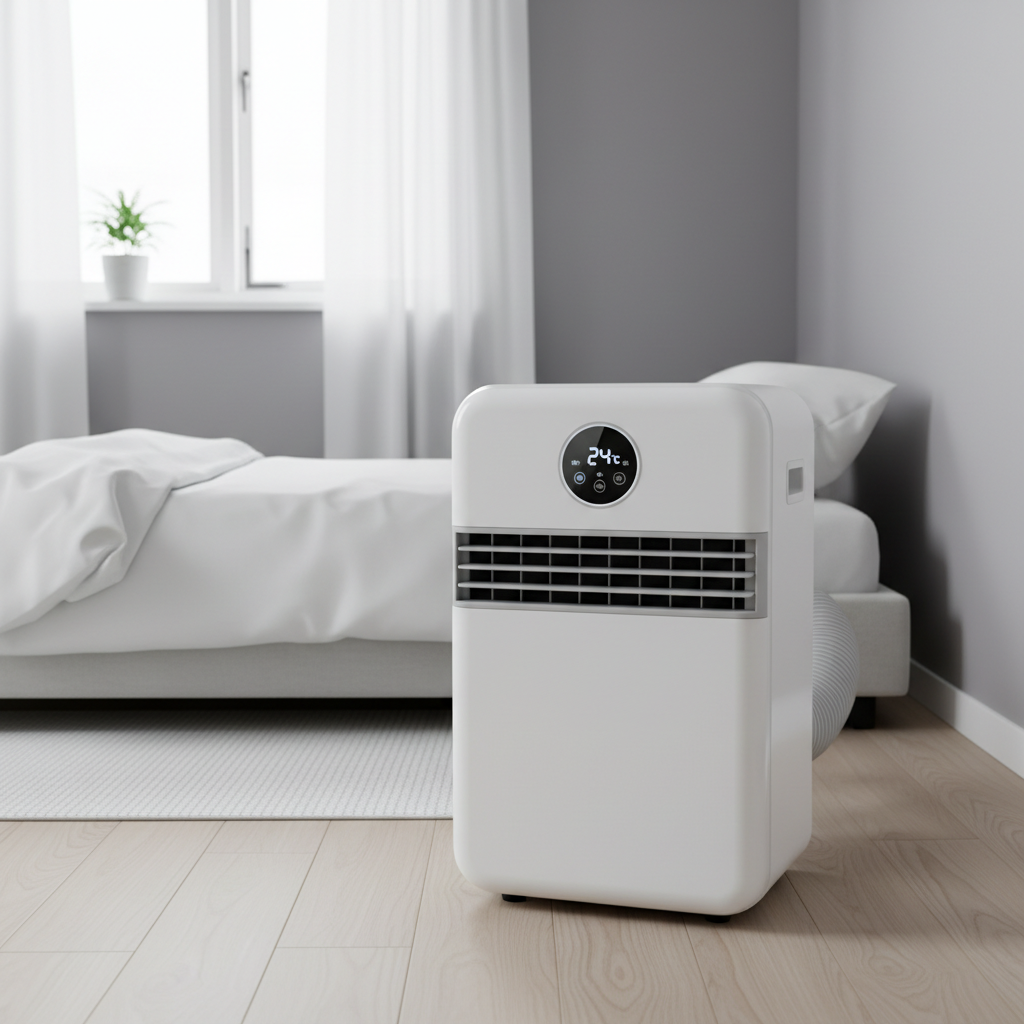 Slim compact Woods Milano portable air conditioner in a small bedroom
