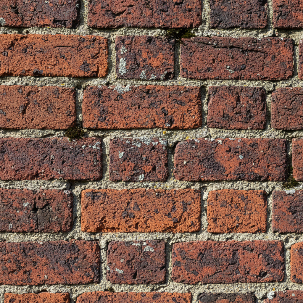 Edwardian red wire-cut bricks with deep red coloring and manganese mottling, showing weathered surface texture
