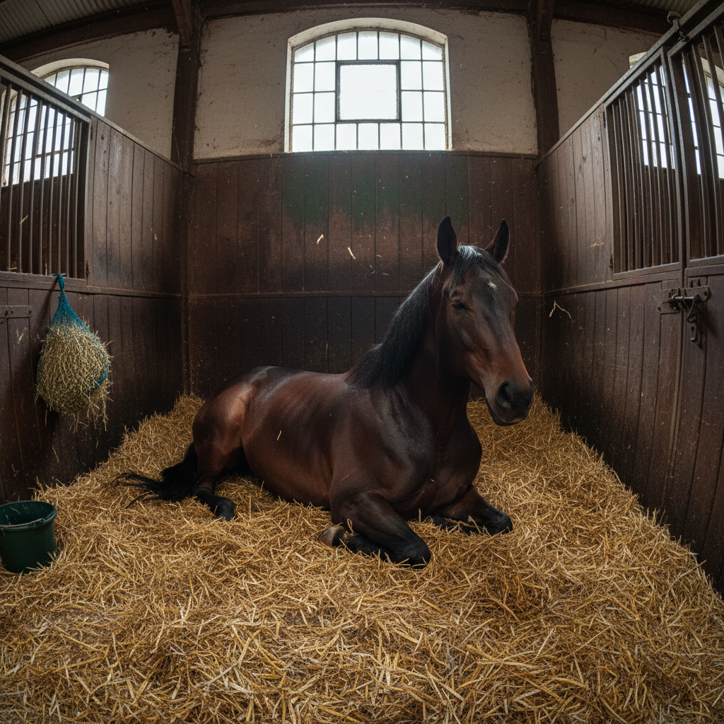 Salty Pearl in stable after race day, looking relaxed and healthy