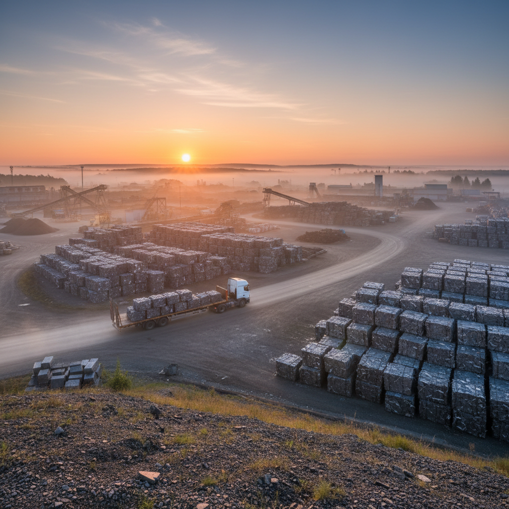 Early morning view of a zinc recycling yard from a low hillside — mist clinging to stacked zinc bundles, a flatbed truck arriving on gravel, golden-hour light over an industrial working estate
