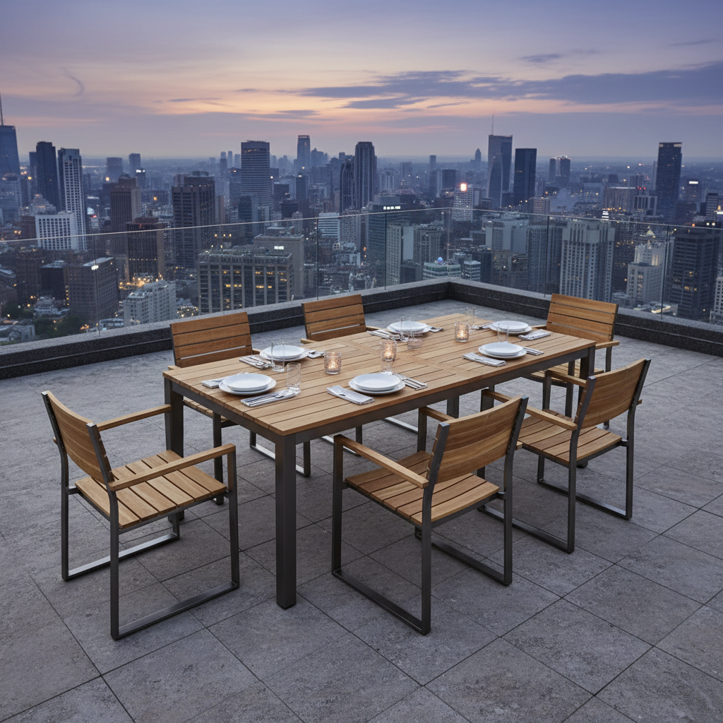 Premium teak and steel raised planter box on rooftop deck with city view at dusk