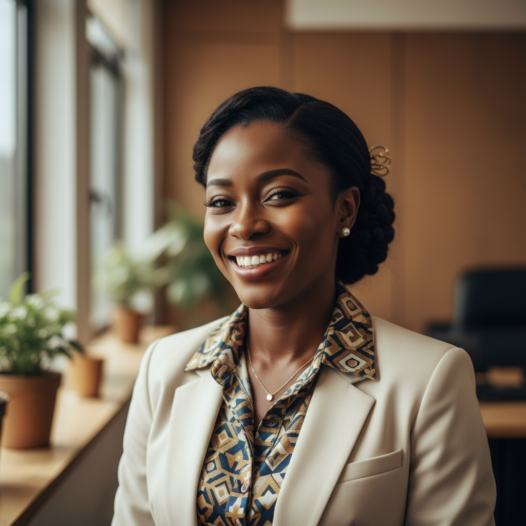 Femme ivoirienne souriante en tenue professionnelle