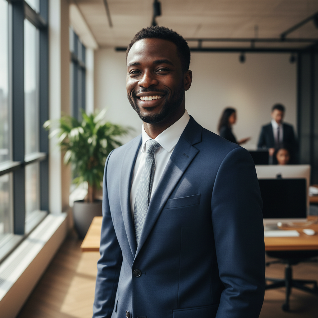 Professional Black man in suit with confident expression in office setting