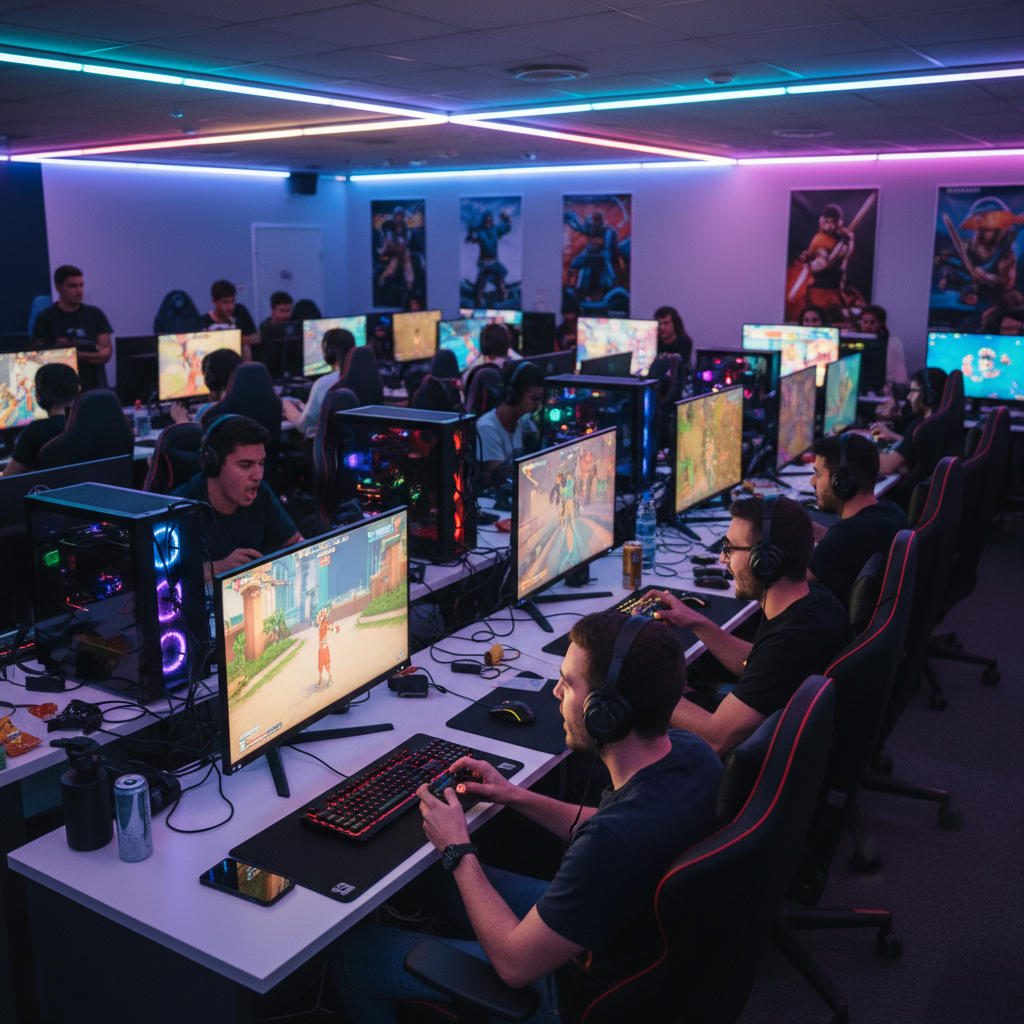 Students playing fighting games at a campus gaming lounge with colorful lighting