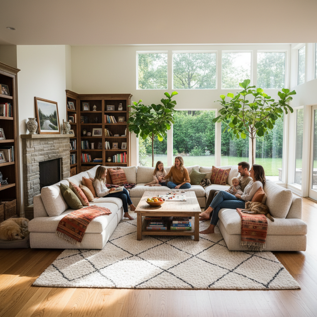 Familia colombiana feliz en sala de hogar con luz natural abundante