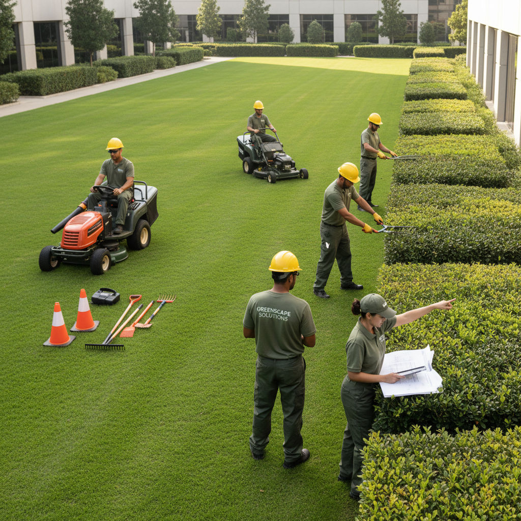 Property services business, professional outdoor work setting, well-organized team environment