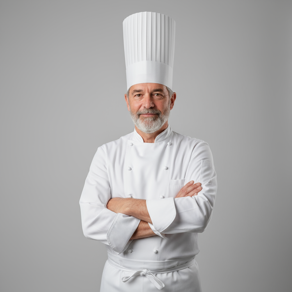 Chef Marco Delacroix, a French man in his 40s in a white chef coat with a focused expression