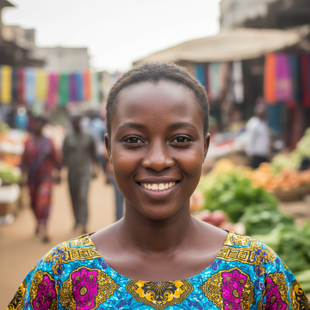 Portrait of Aminata K., African woman entrepreneur, proud expression, colorful market background