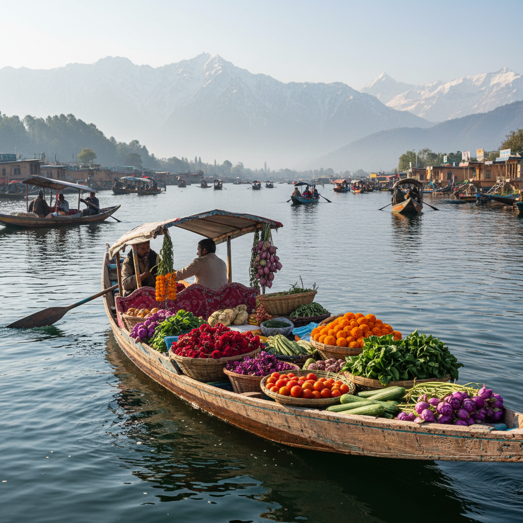A shikara boat loaded with fresh flowers and vegetables heading toward the floating market on Dal Lake