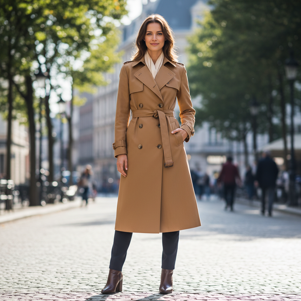 Oversized structured trench coat in warm camel tone, model in neutral studio, clean architectural tailoring