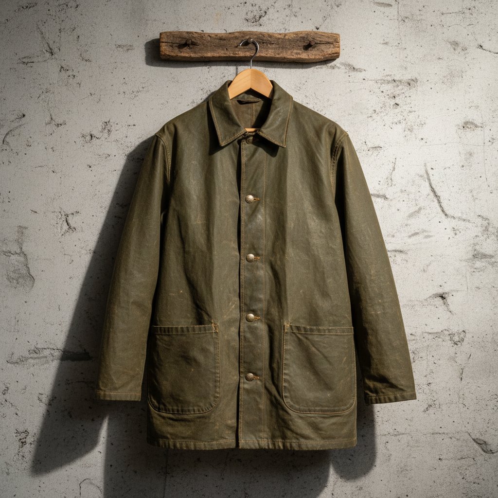 Tan canvas chore jacket on hanger, back view showing motion print