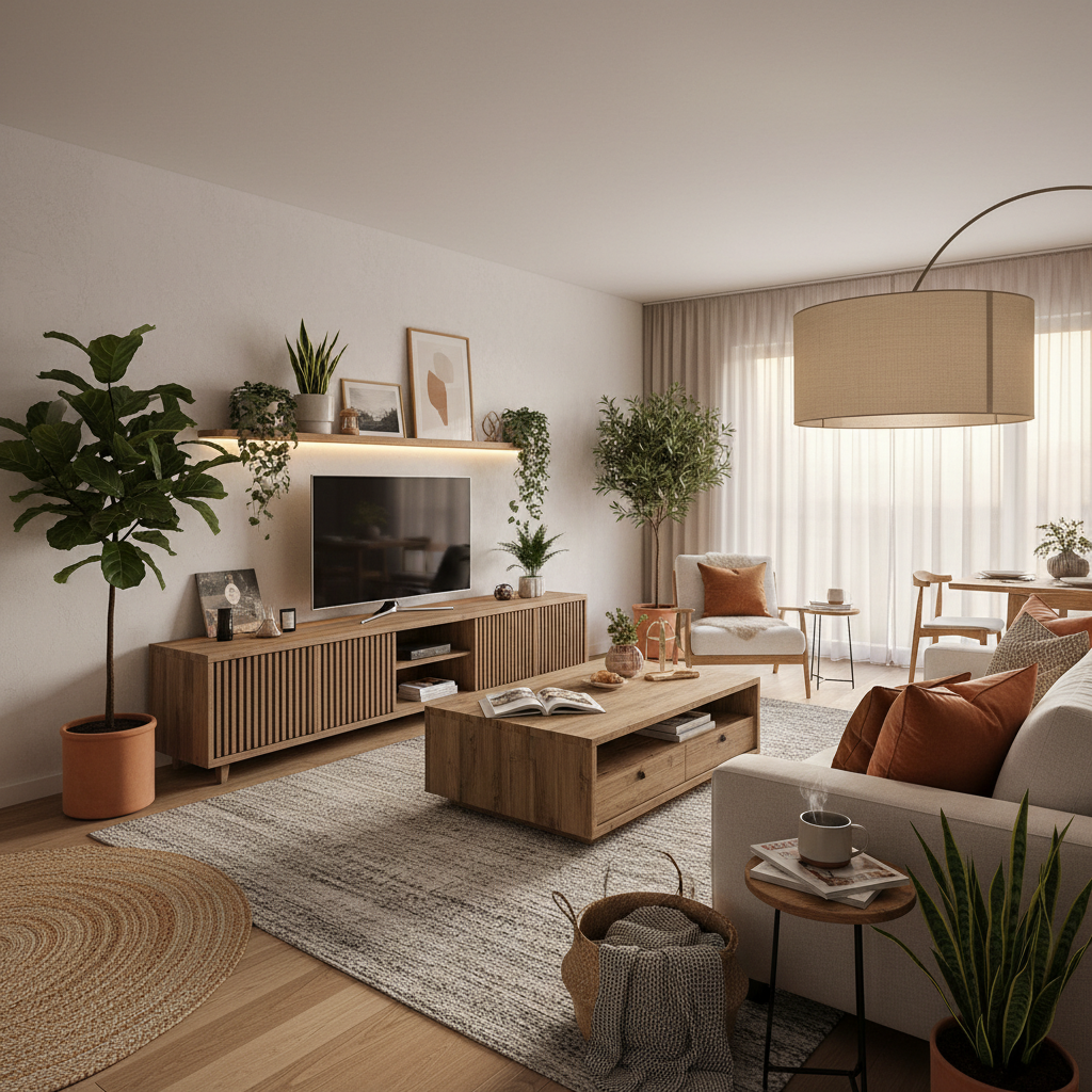 Beautifully designed living room with warm lighting and contemporary furniture