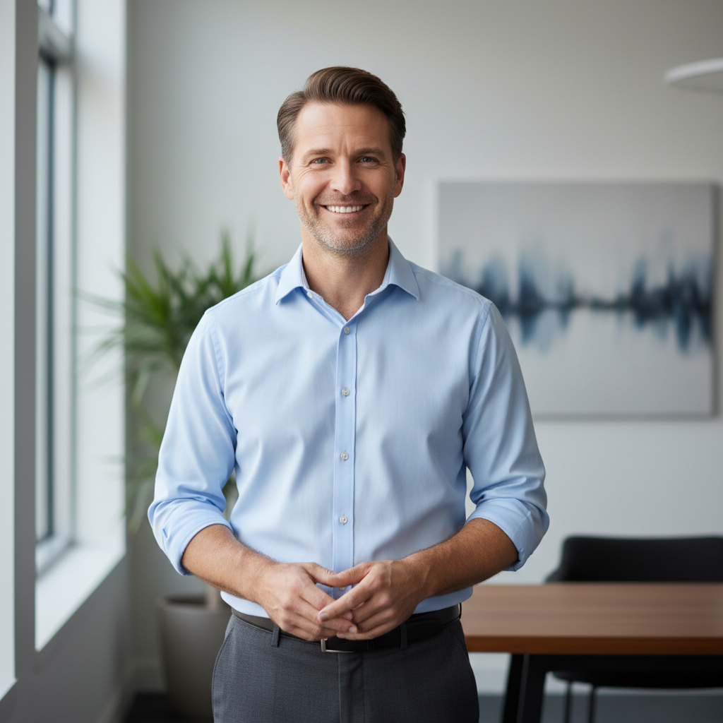 Profile photo of a man with a slight smile in an office