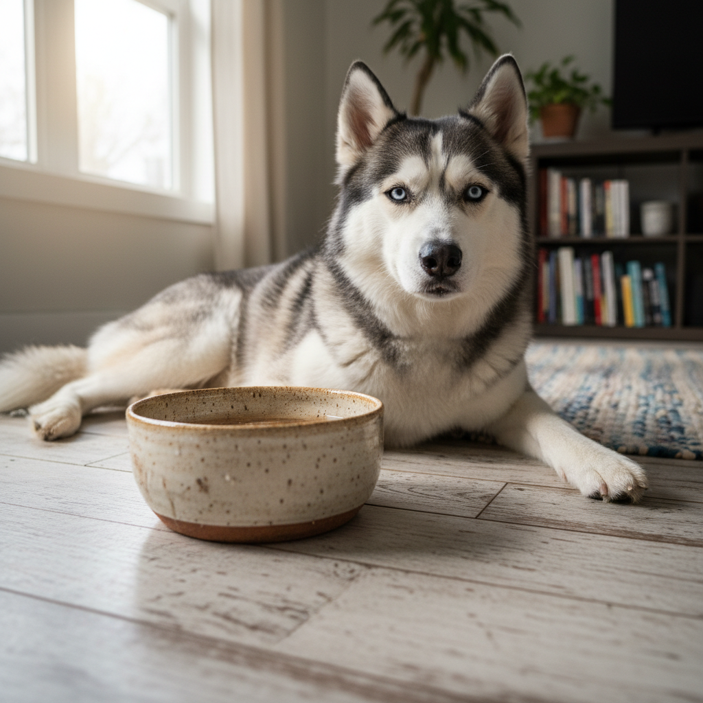 Husky dog sitting beside a stoneware feeding bowl on a wooden floor
