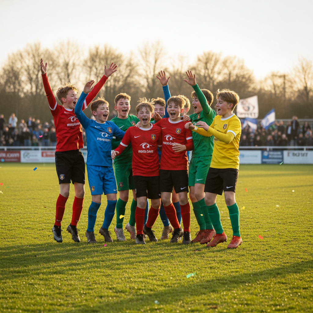 Young football players celebrating a goal during a spring tournament match