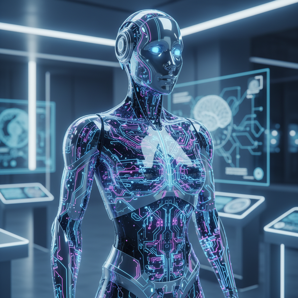 AI robot head with glowing neural network connections on dark background, futuristic digital art