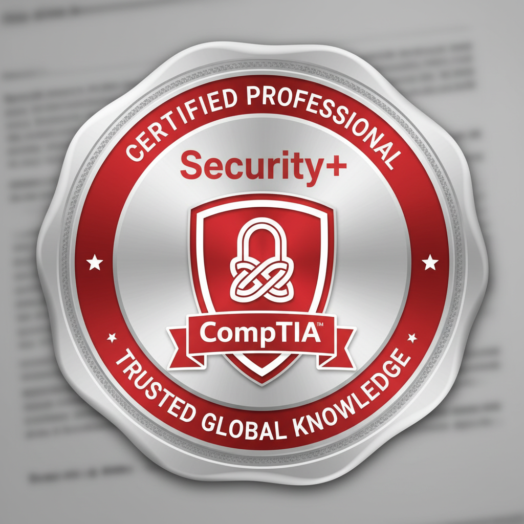 CompTIA Security Plus certificate on clean white background with gold seal