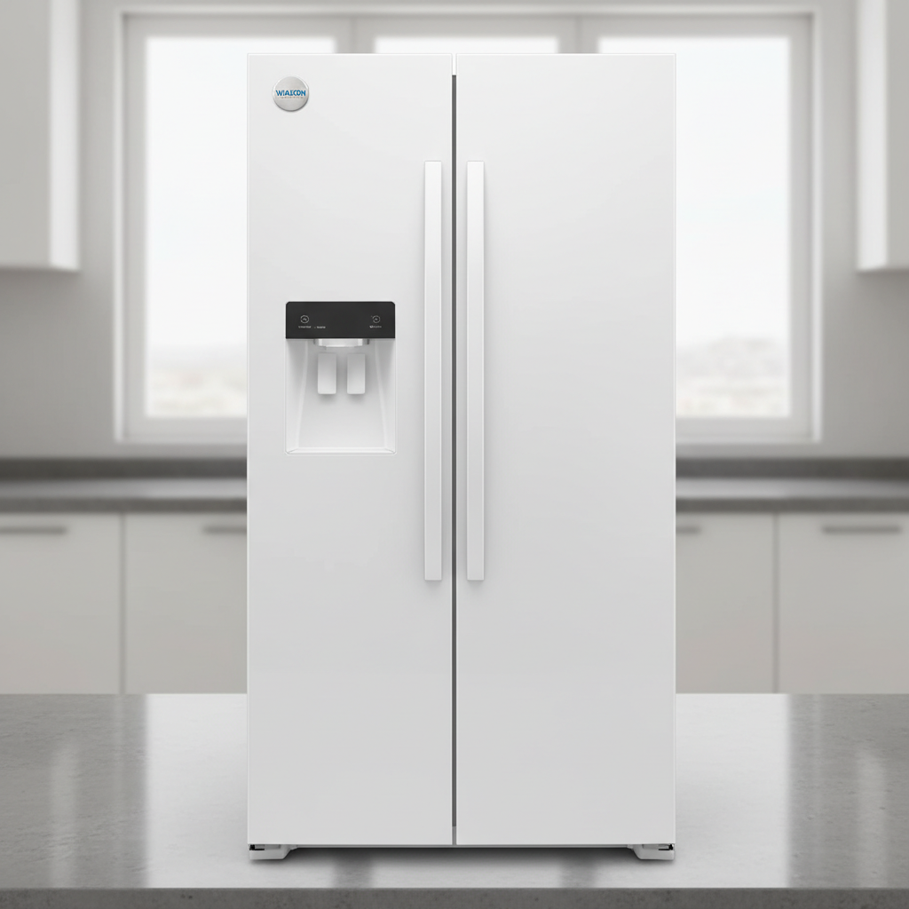 Stainless steel double door refrigerator with modern design on white background