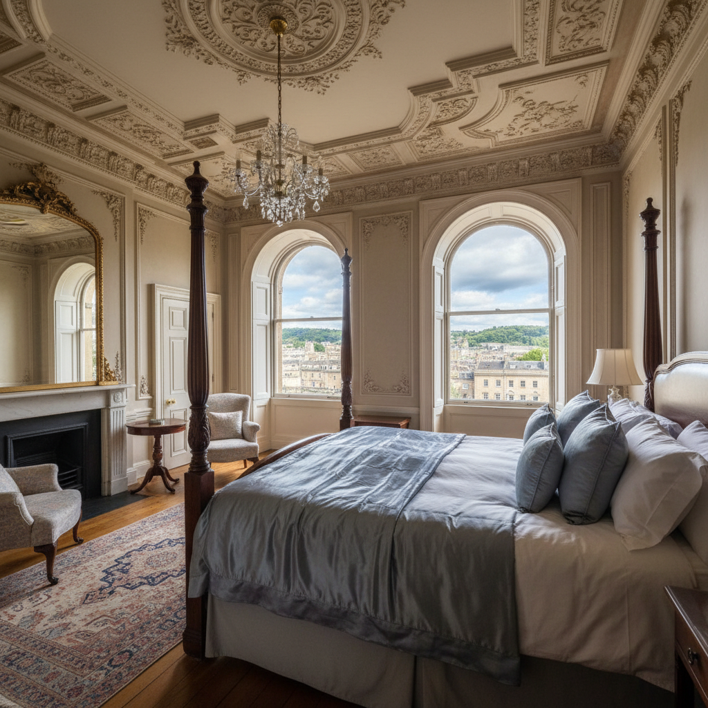 Lisbon Suite interior with four-poster bed and arched windows