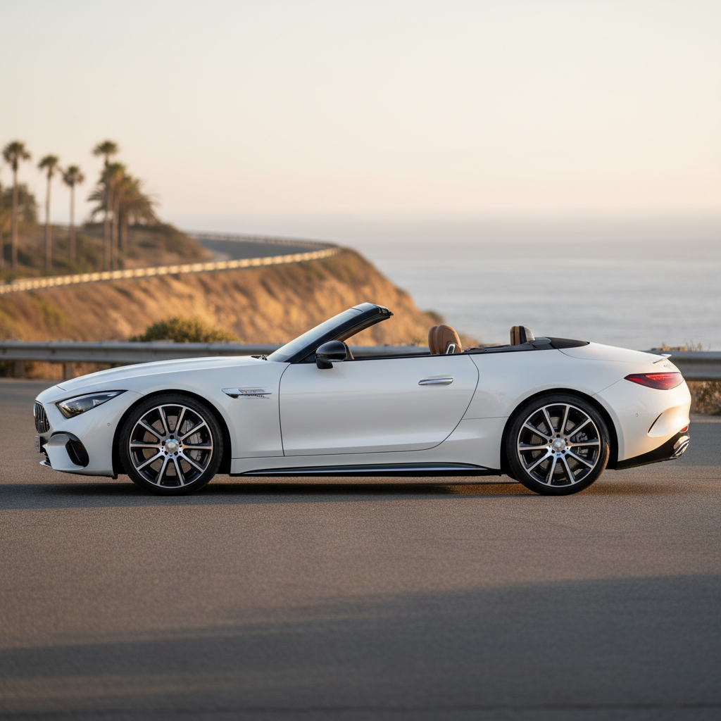 Mercedes-Benz SL-Class 2025 in Grey, luxury roadster side profile, elegant open-top design