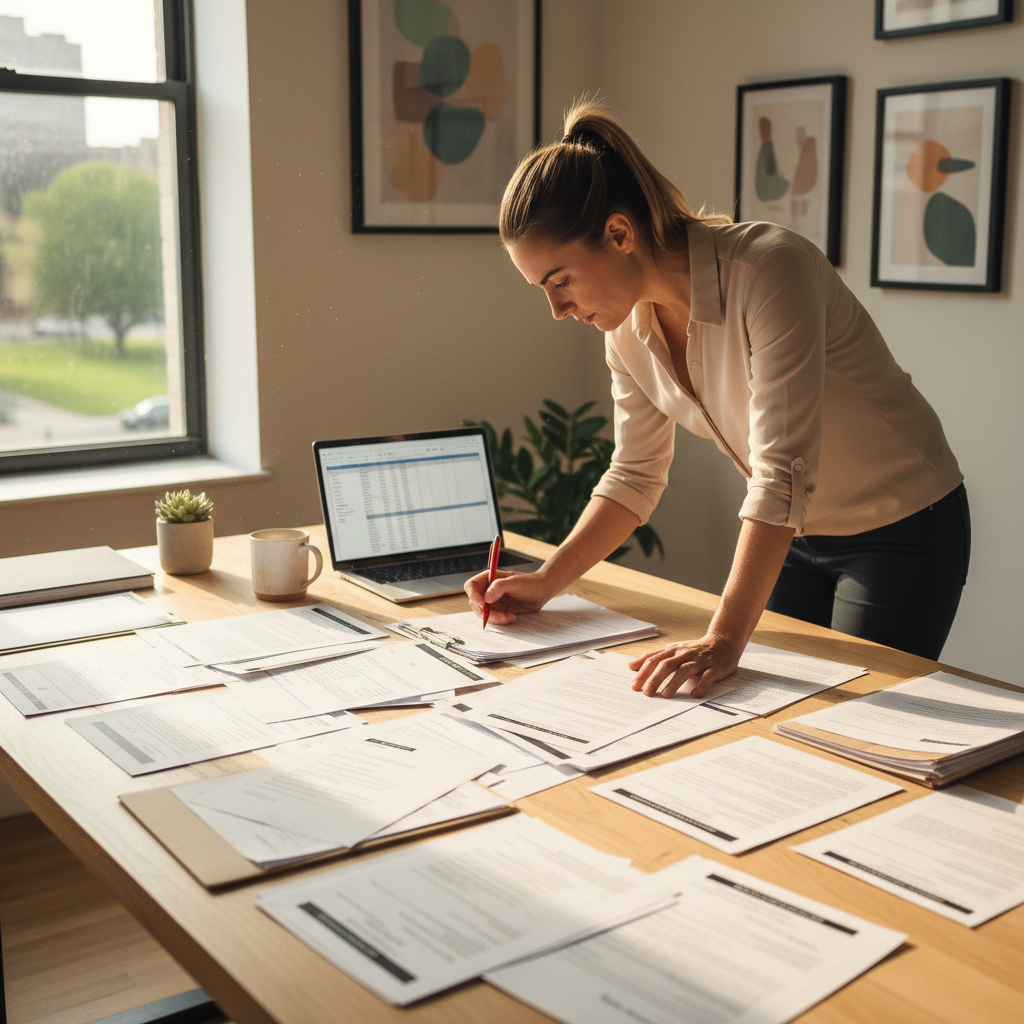 Person reviewing financial documents at bright modern desk, open laptop, natural light — bright airy workspace environment