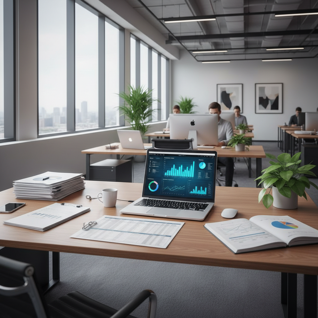 Corporate office environment with financial documents and laptop screen