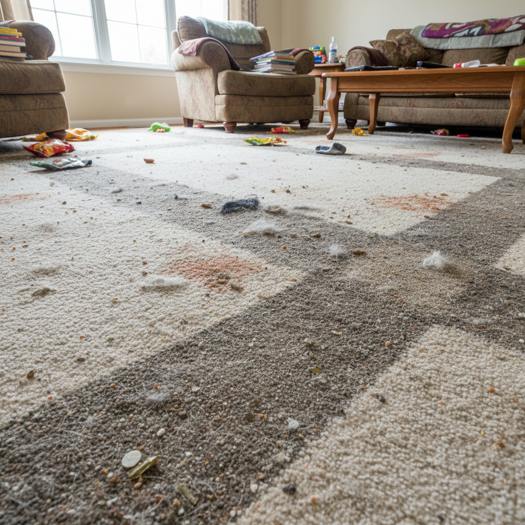 Heavily soiled cream carpet in family home living room with pet hair, sand, and dark traffic lane stains