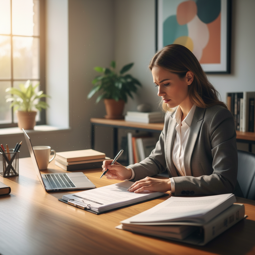 Professional reviewing documents with a laptop open showing compliance data
