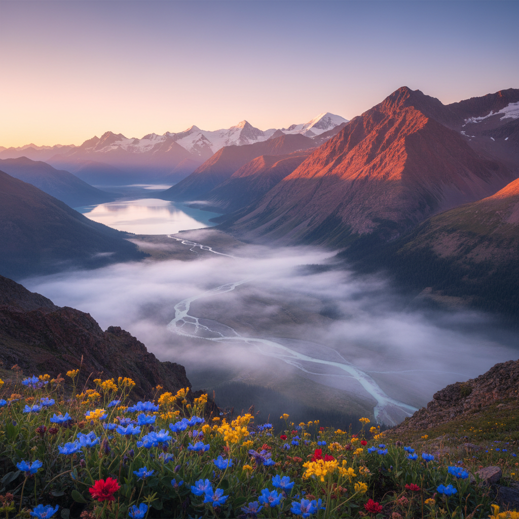 Remote hidden valley with colorful wildflowers and misty mountains