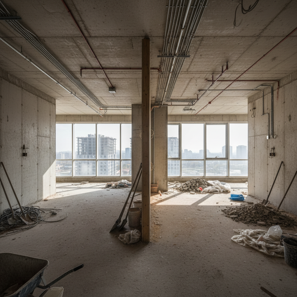 Two adjacent raw penthouse apartments before merger showing bare walls, exposed pipes, and construction debris