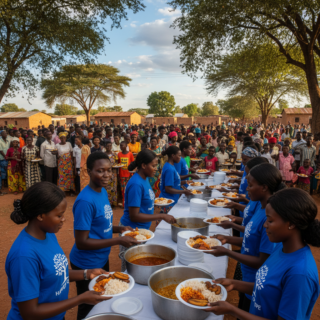 Volunteers serving food to community members in Owerri, warm outdoor setting, rows of people waiting