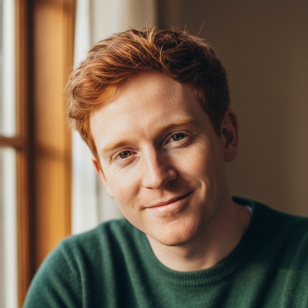 Young Irish man with light hair, friendly smile, casual indoor portrait