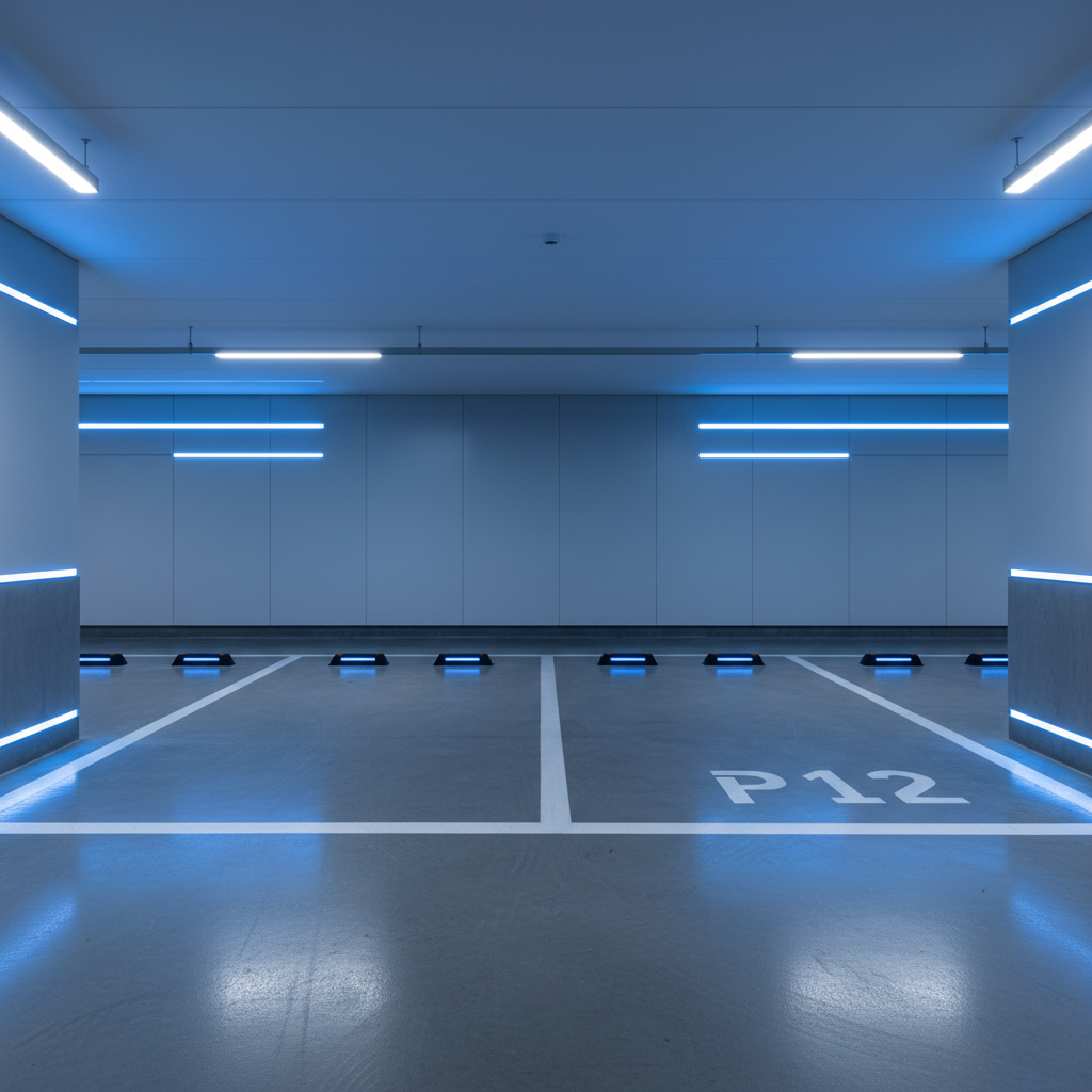 Clean empty parking space with blue LED lighting in modern garage