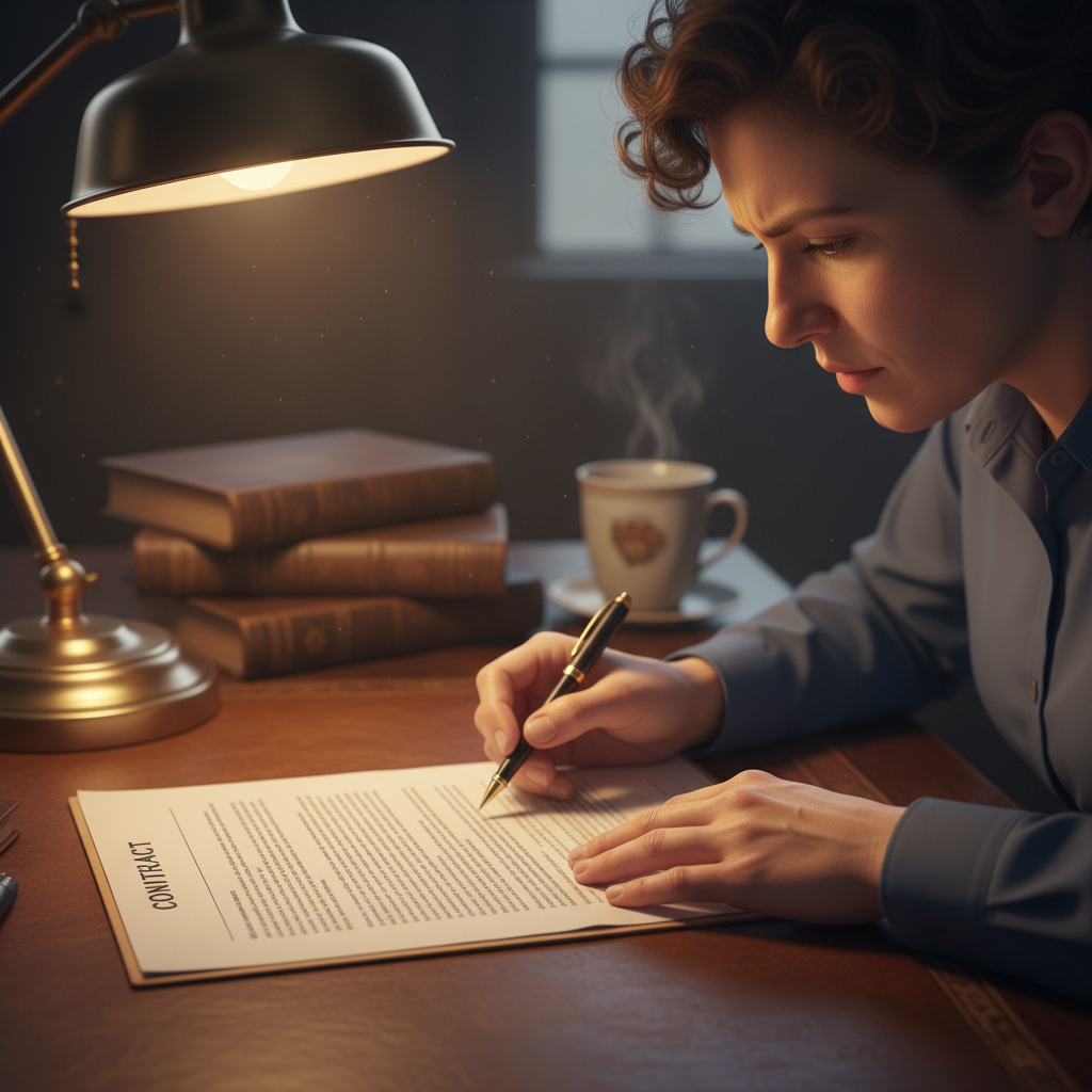 Person reviewing construction contracts and documents at a bright office desk with natural light