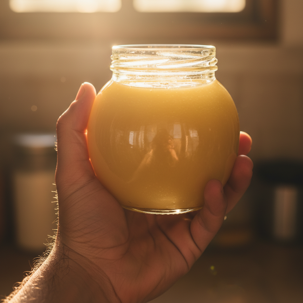Golden clarified butter ghee in glass jar with wooden spoon, premium A2 cow ghee for export